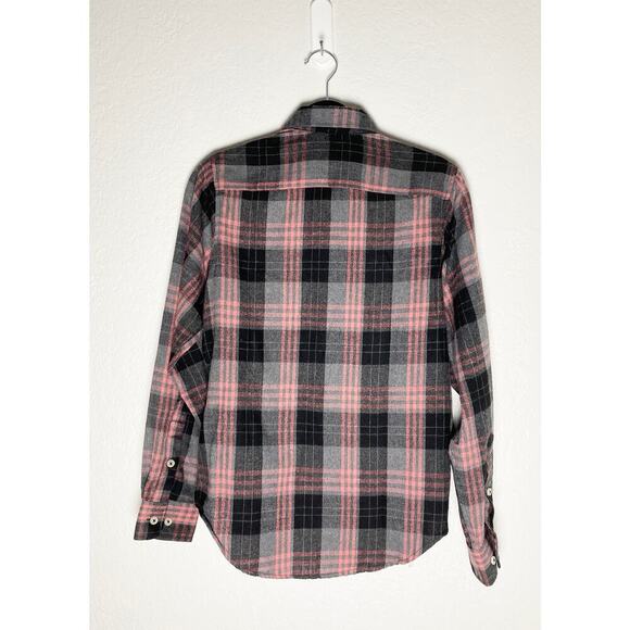 Design In Italy Luxury Women's Plaid Flannel Pink Gray Button Up Roll Tab Sleeve - Picture 2 of 12